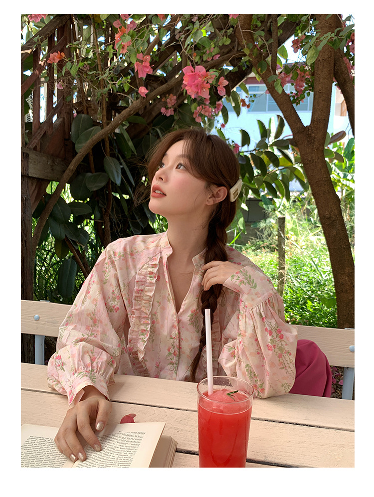 V-Neck Long Sleeve Girlfriend Fragmented Flowers Shirt