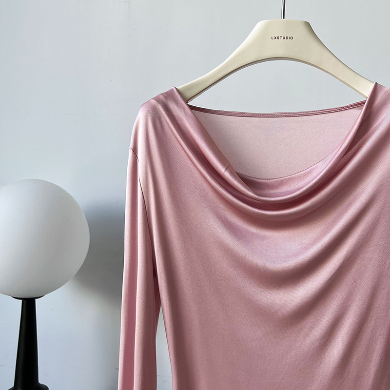 Women Slim Solid Cowl Neck Elongated Sleeve Tee