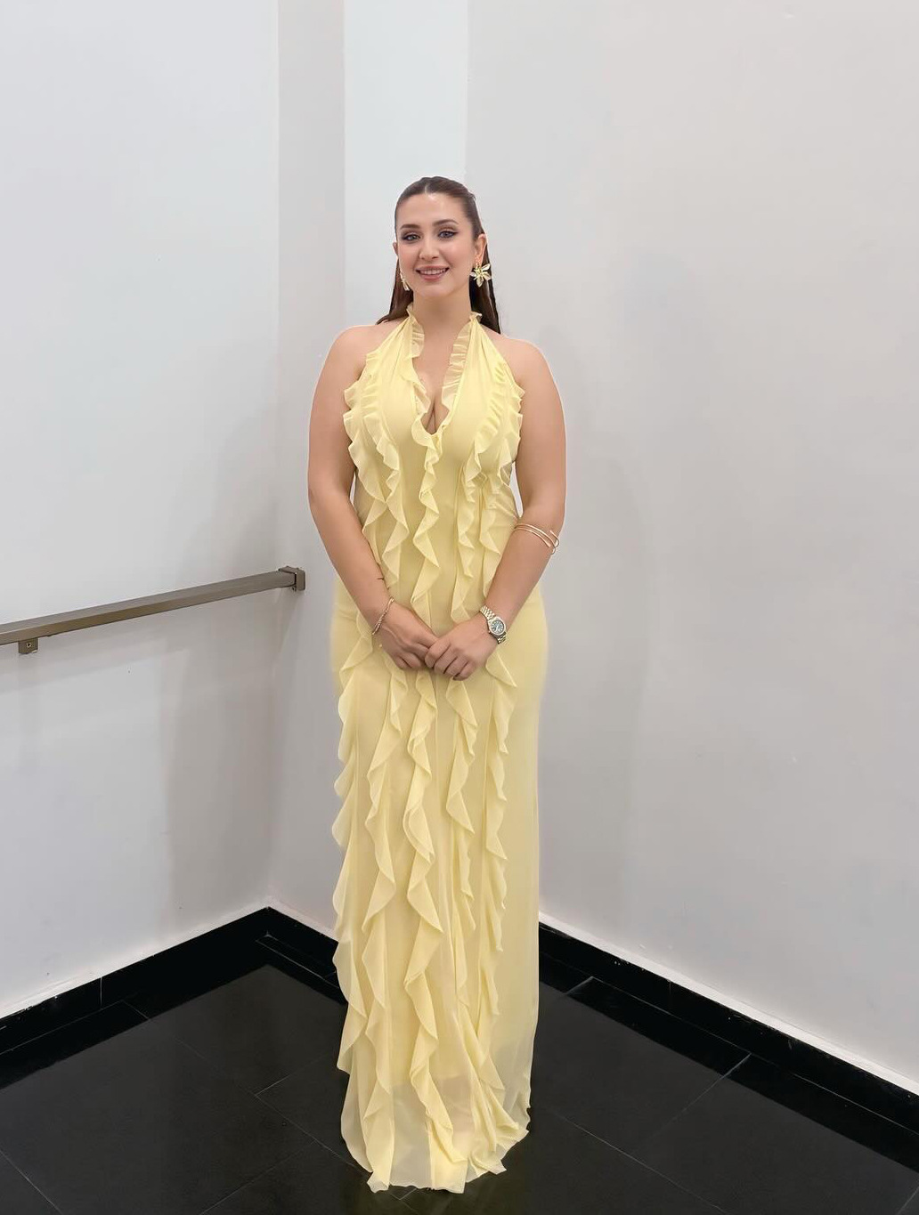 Yellow Solid Color Strapless Sexy Backless Lace High-Grade Dress Long Dress