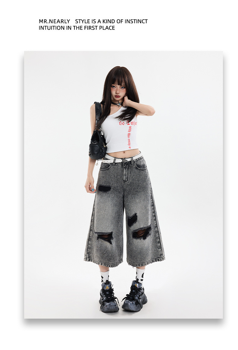 Black Gray Hole Seven-Point Denim Pants Women Vintage Wide-Leg Straight Leg Pants High Street Trendy