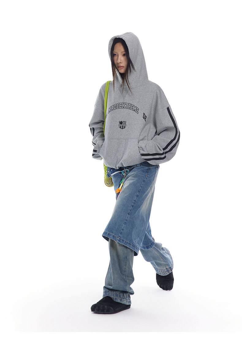Vintage Letter Print Loose Fit Casual Hooded Sweatshirt