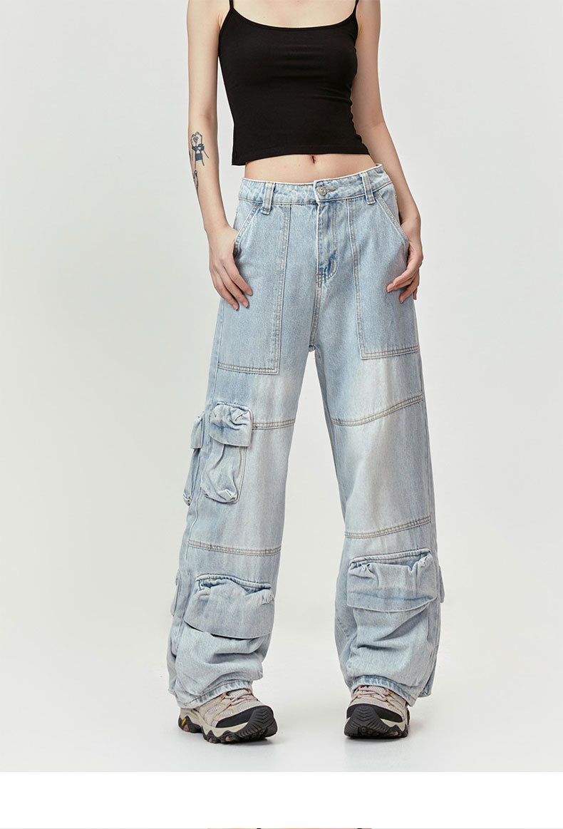 Washed Leg White Faded Multi-Pocket Straight Tapered Jeans Long Pants