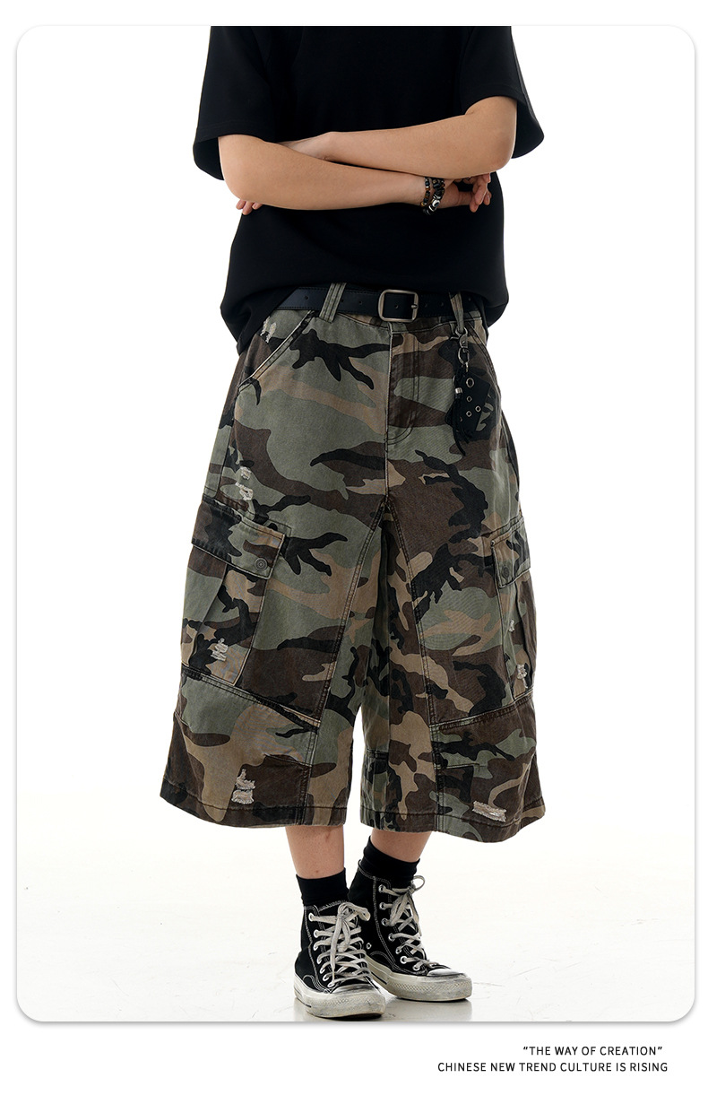 Loose Fit Casual Multi-Pocket Retro Straight Leg Slim Wide Leg Three-Quarter Pants