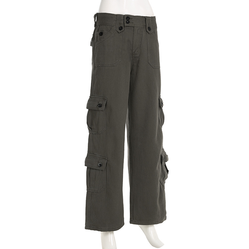 Low waisted workwear women's double row buckle multi pocket splicing straight leg wide leg jeans
