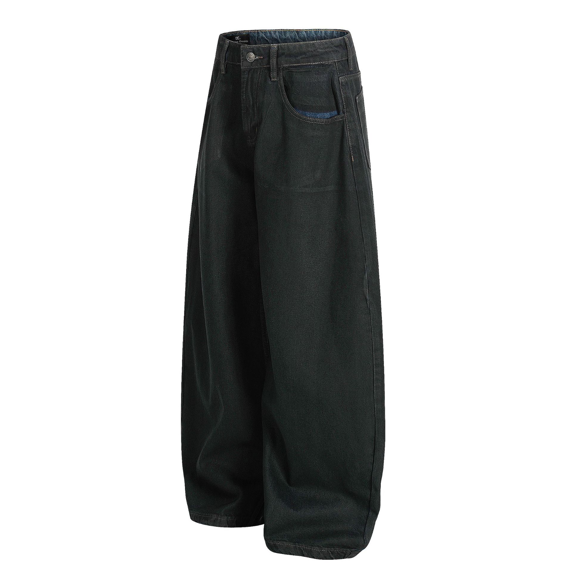 Street Retro High-End Waxed Black Craft Design Unisex Loose Dagger Cut Jeans