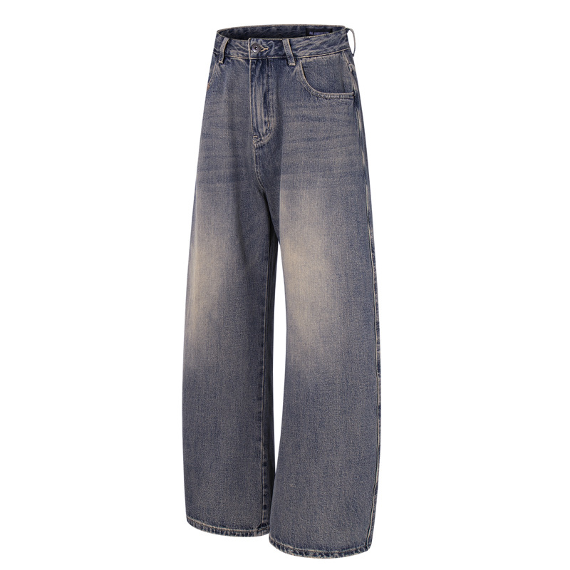Washed Gradient Knife-Edge Denim Pants Men Streetwear High-Street Vibe Loose Straight Leg Wide Leg Pants