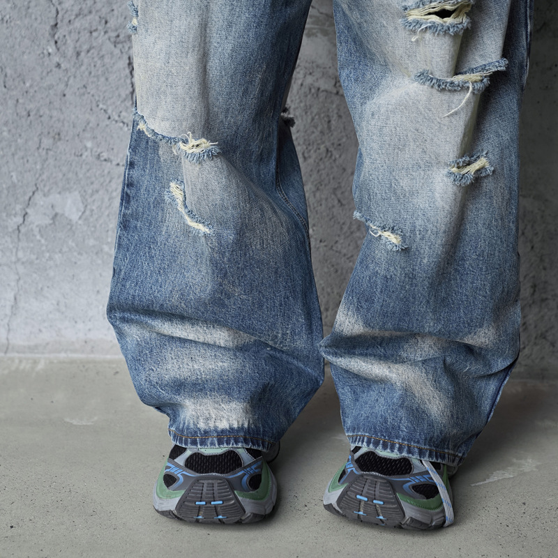 Vintage Personality Design Ripped Streetwear Loose Fit Jeans Men Hip Hop Distressed Wide Leg Long Pants