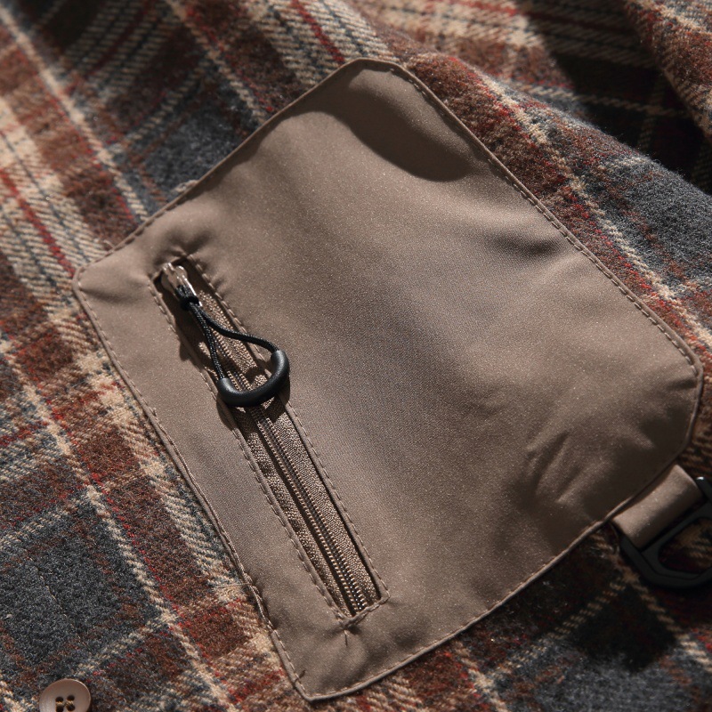 Oversized Contrast Plaid Zip Pouch Full-Sleeved Shirt