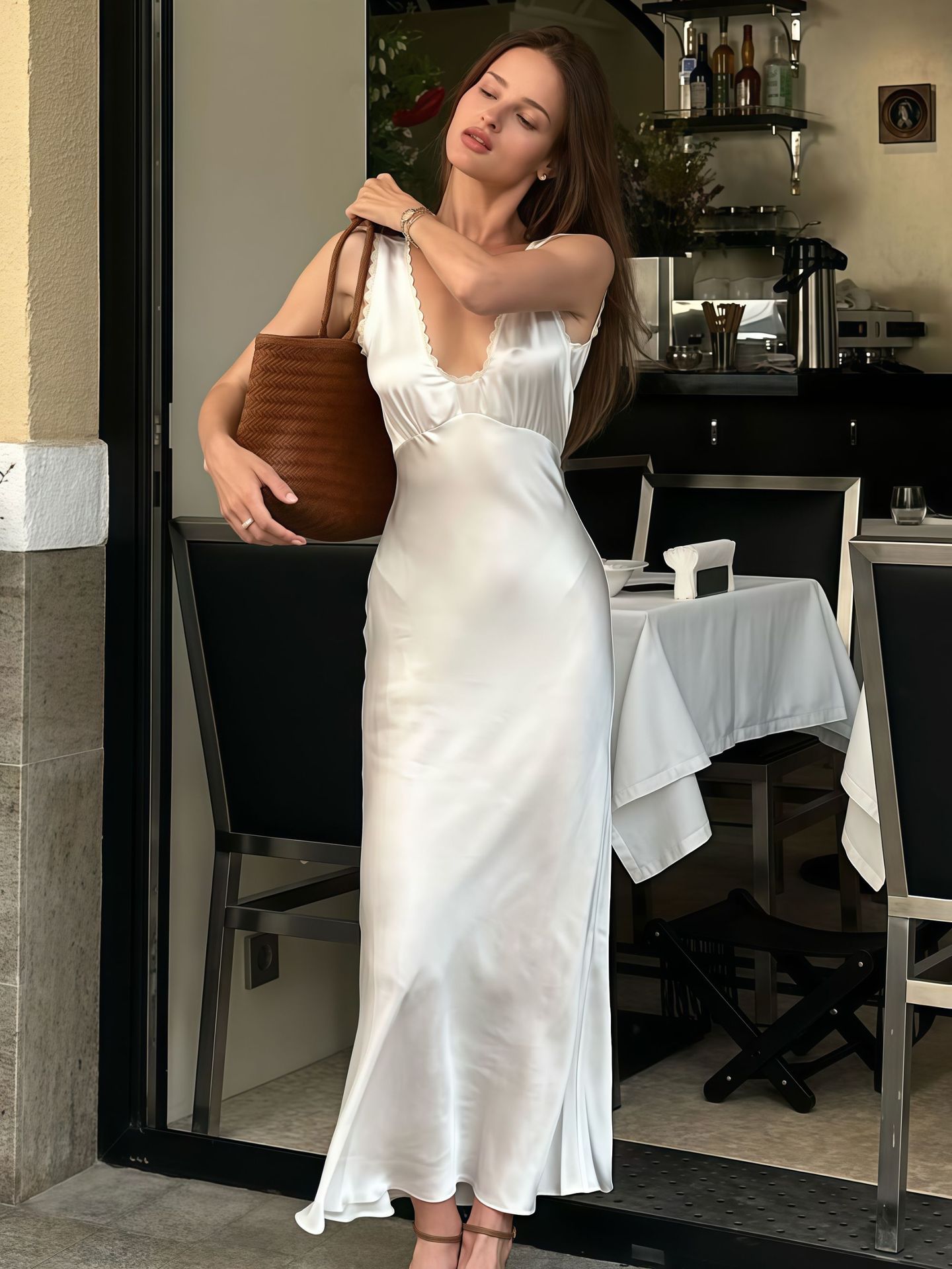 A-Line V-Neck High Waist Polyester Maxi Skirt