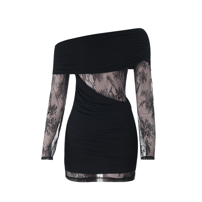 Asymmetric Openwork Paneled Full-Length Sleeve Dress