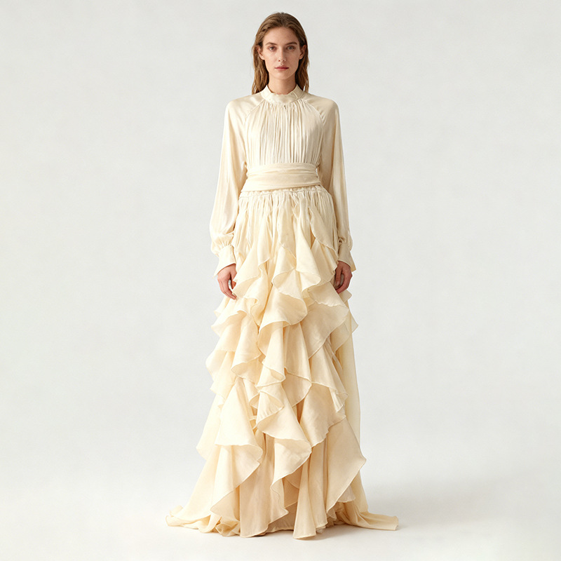 Cotton Blend Fit and Flare Ruffle Maxi Dress