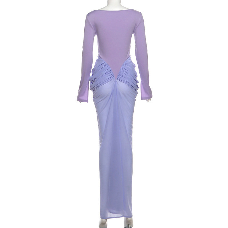 Contrast Paneled Bodycon V-Neck Full Sleeve Twill Dress