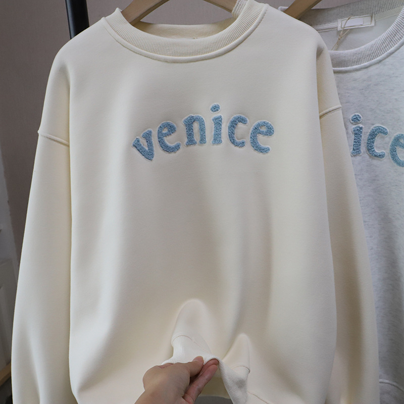 Letter Towel Embroidery Fleece Lined Thick Loose Casual Hoodie for Women