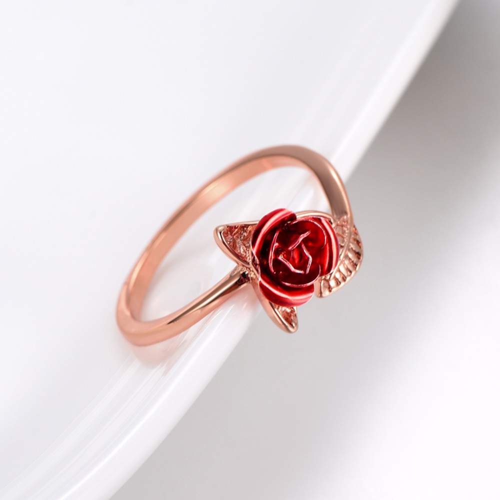 U7 Red Rose Garden Flower Leaves Resizable Finger Rings for Women Valentine's Day Gift Jewelry Hot Sale Open Ring R1019