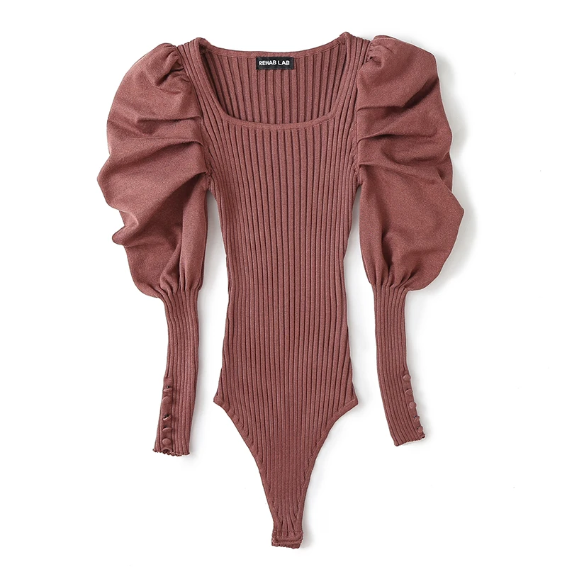 Ladies Knit Plain Geometric Neckline Puffy Sleeves Jumpsuit
