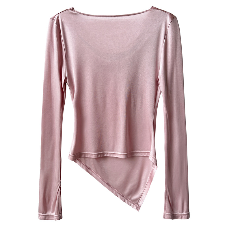 Women Slim Solid Cowl Neck Elongated Sleeve Tee
