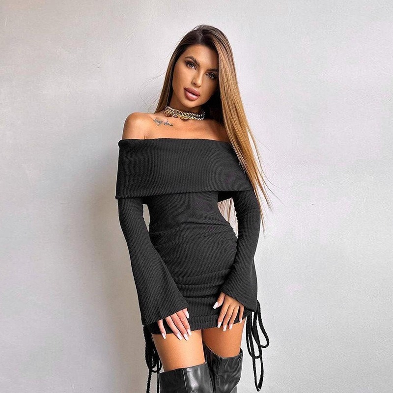 Exposed Neckline Full Arm Mini Dress