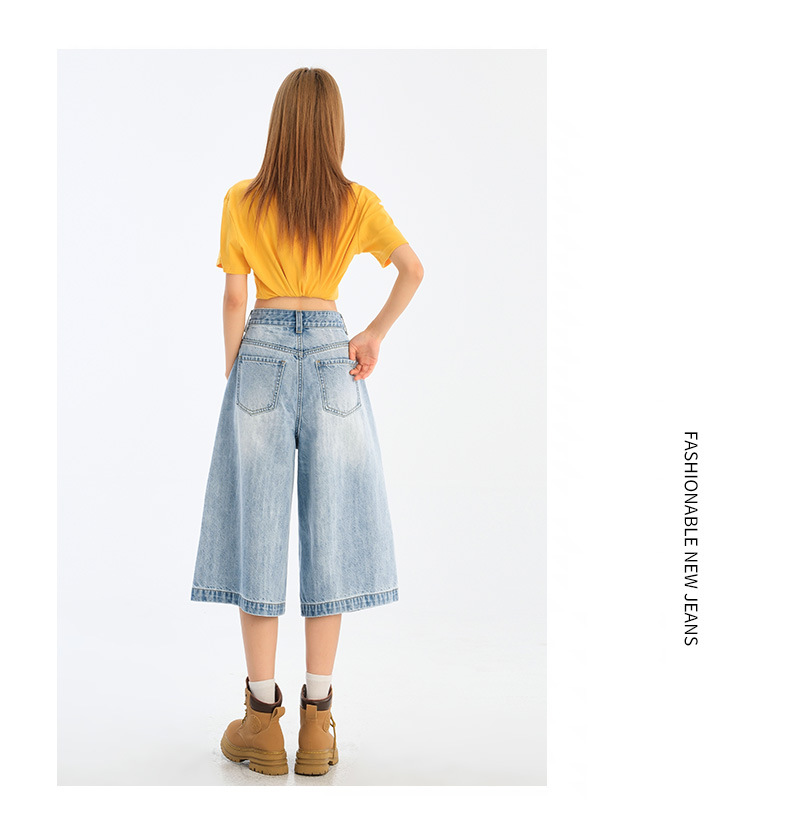 Wide-Leg Seven-Point Denim Pants for Women High-Waist Loose Fit Lazy Style Straight Leg Versatile Mid-Length Trousers
