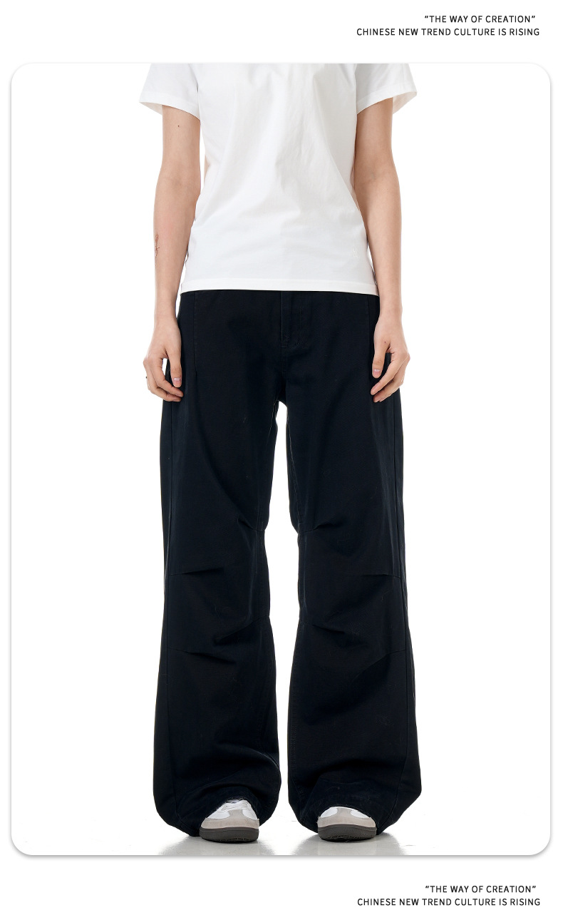 Simple Work Pants for Men and Women Faded Pleated Loose Wide-Leg Trendy Casual Trousers