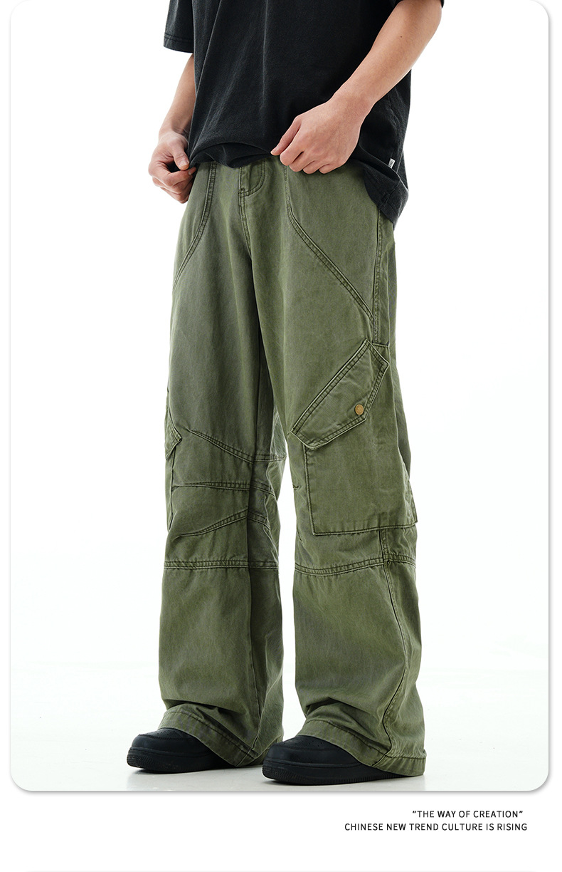 Work Pants with Adjustable Waistband and Large Pockets - Straight Leg Casual Trousers