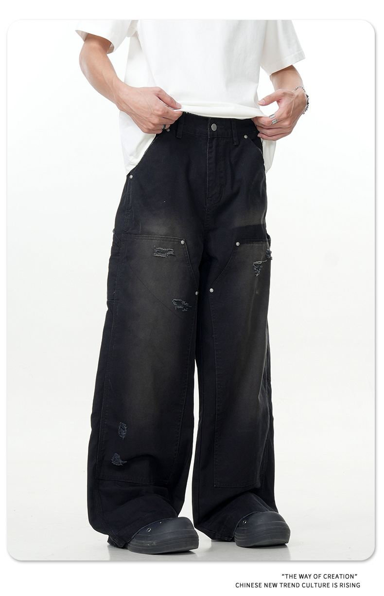 Ripped Slim Fit Loose Wide-Leg Straight Casual Denim Trousers
