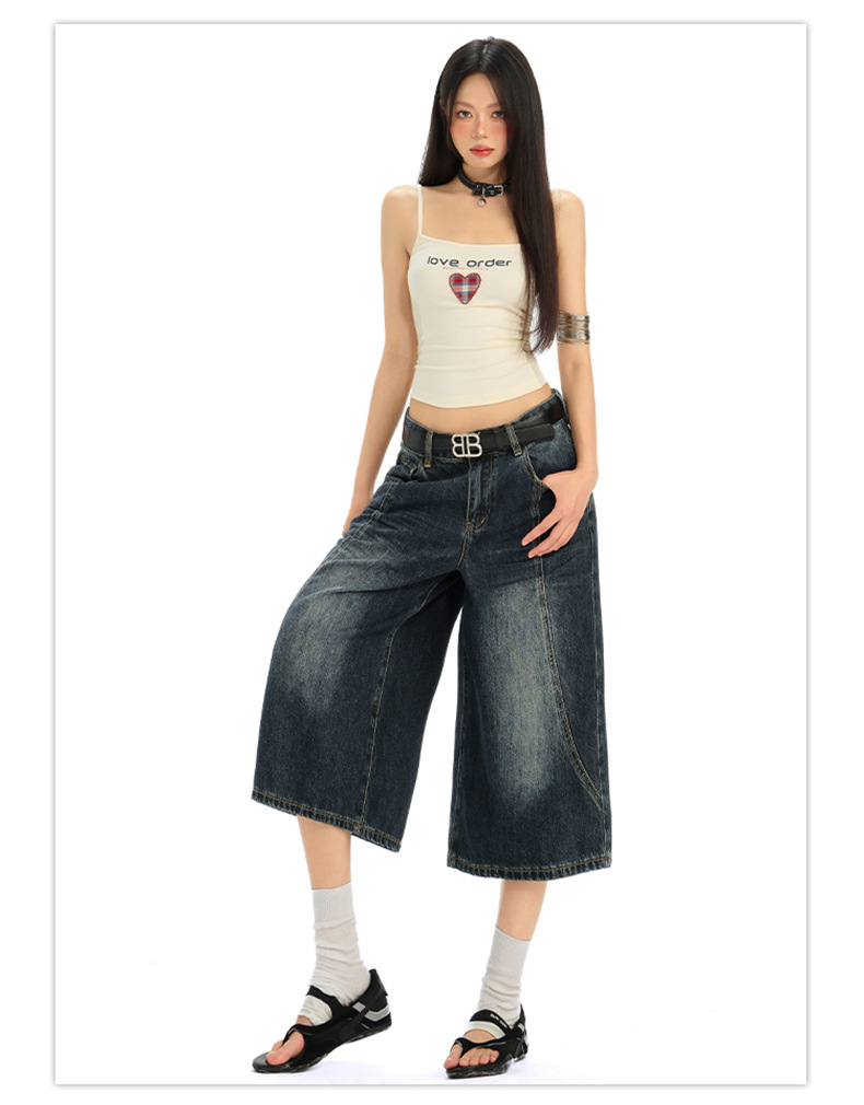 Women's Denim Pants Dark Color Versatile Loose Wide-Leg Design Sense Straight Leg Pants