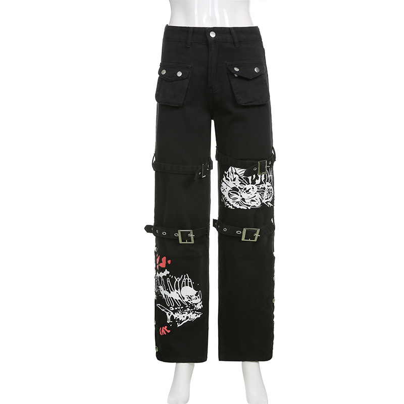 Metal buckle contrasting print high waisted workwear jeans for women