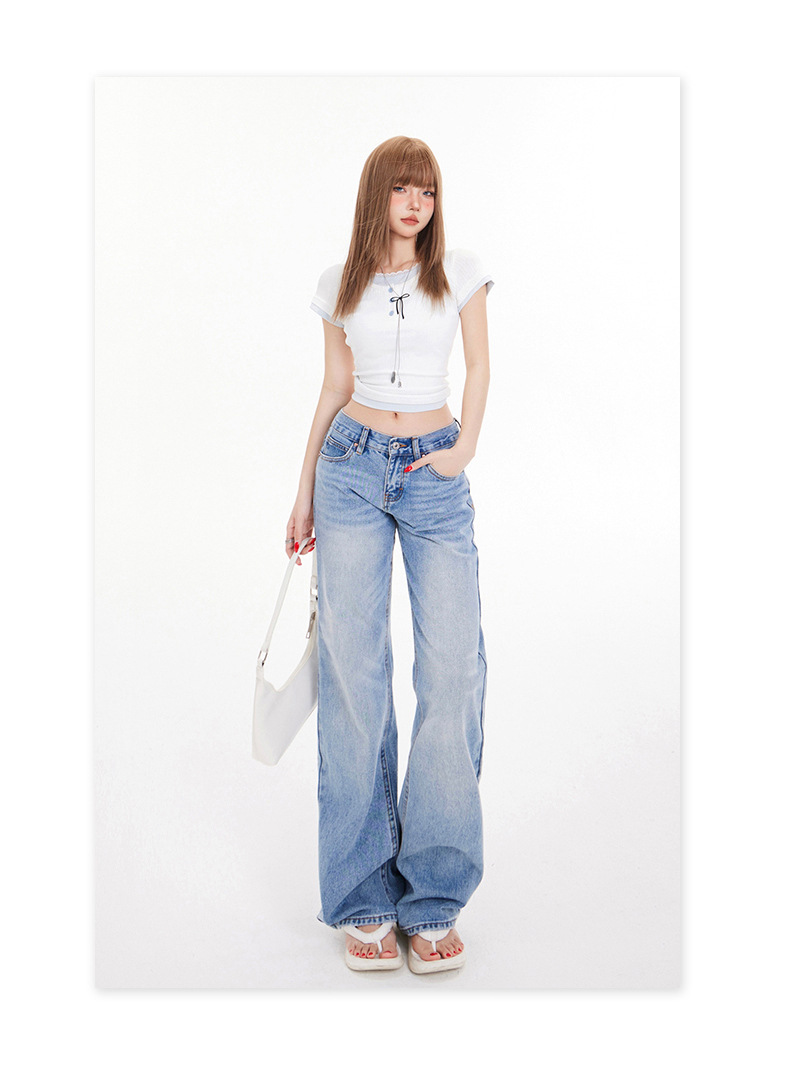 Women's Washed Wide-Leg Jeans Female Loose Slim Floor-Length Straight Pants