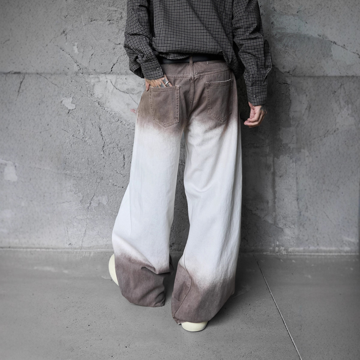 Streetwear Hip-Hop Style Gradient Color Wide-Leg Denim Pants Straight Leg Design Retro Knife-Edge Floor-Length Trousers