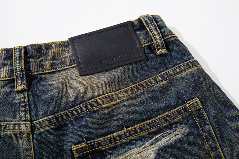Vintage Washed Ripped Street Style Dagger Cut Denim Pants, Unisex Loose Clean Fit Wide Leg Floor-Length Trousers