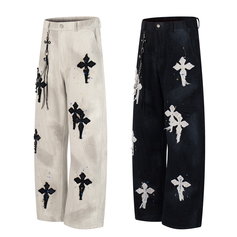 Street Style Luxury Cross Patch Embroidery Color Splatter Hand-painted Straight Leg Hip-hop Loose Jeans
