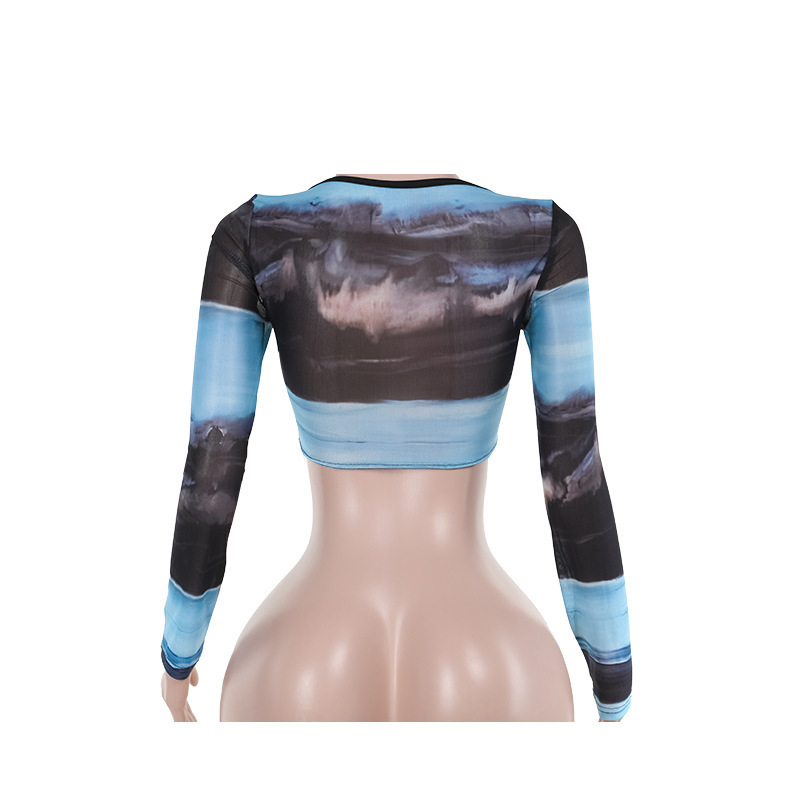 Long Sleeve Polyester Geometric Net Fitted Blouse