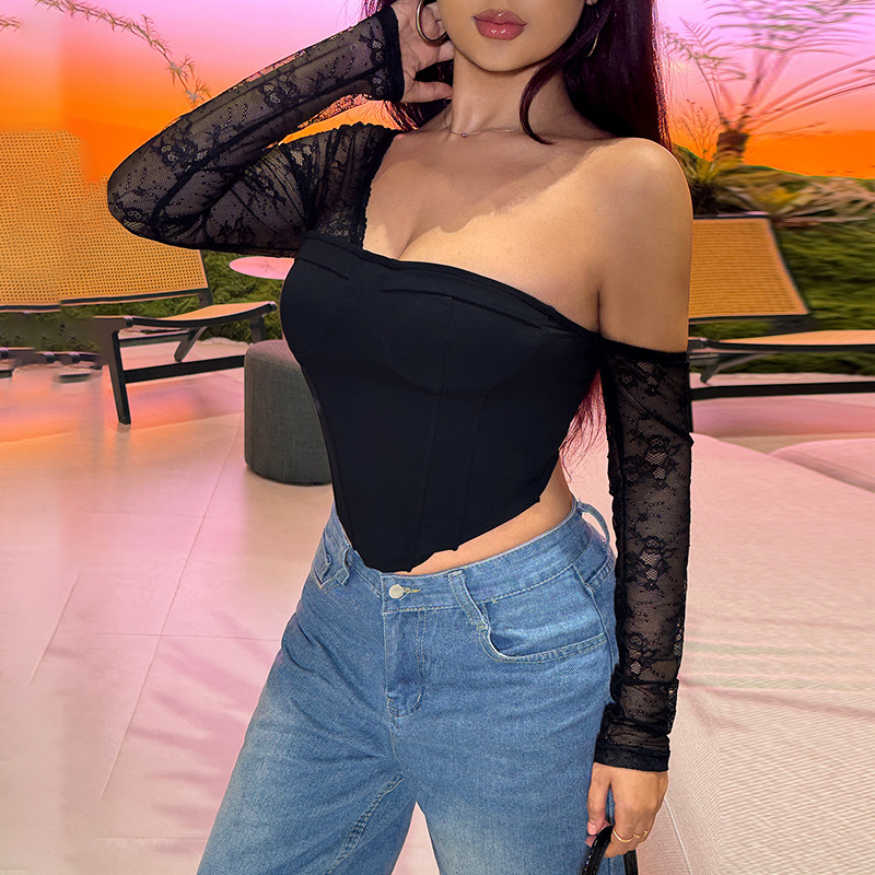 Slant Neck Long Sleeve Stretch Top