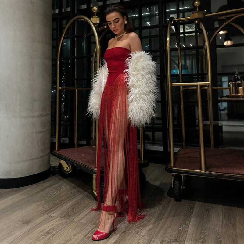 Raised-Waist Open Back Bandeau Fitted Tassel Jumpsuit