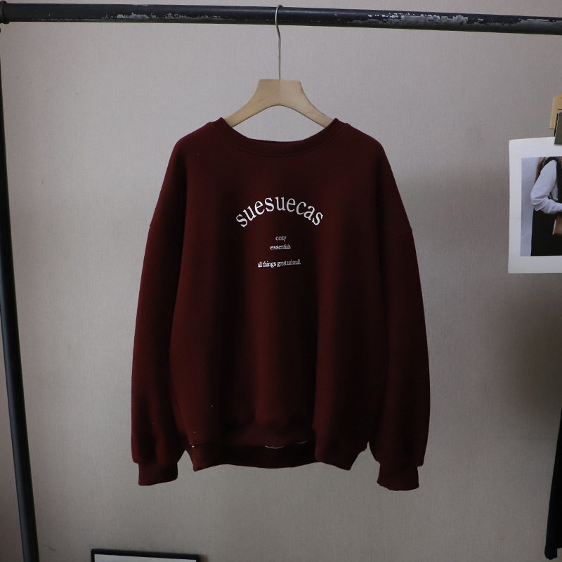 Casual Loose Fleece Lined Hoodie with Letter Print Round Neck Style Women's Sweatshirt
