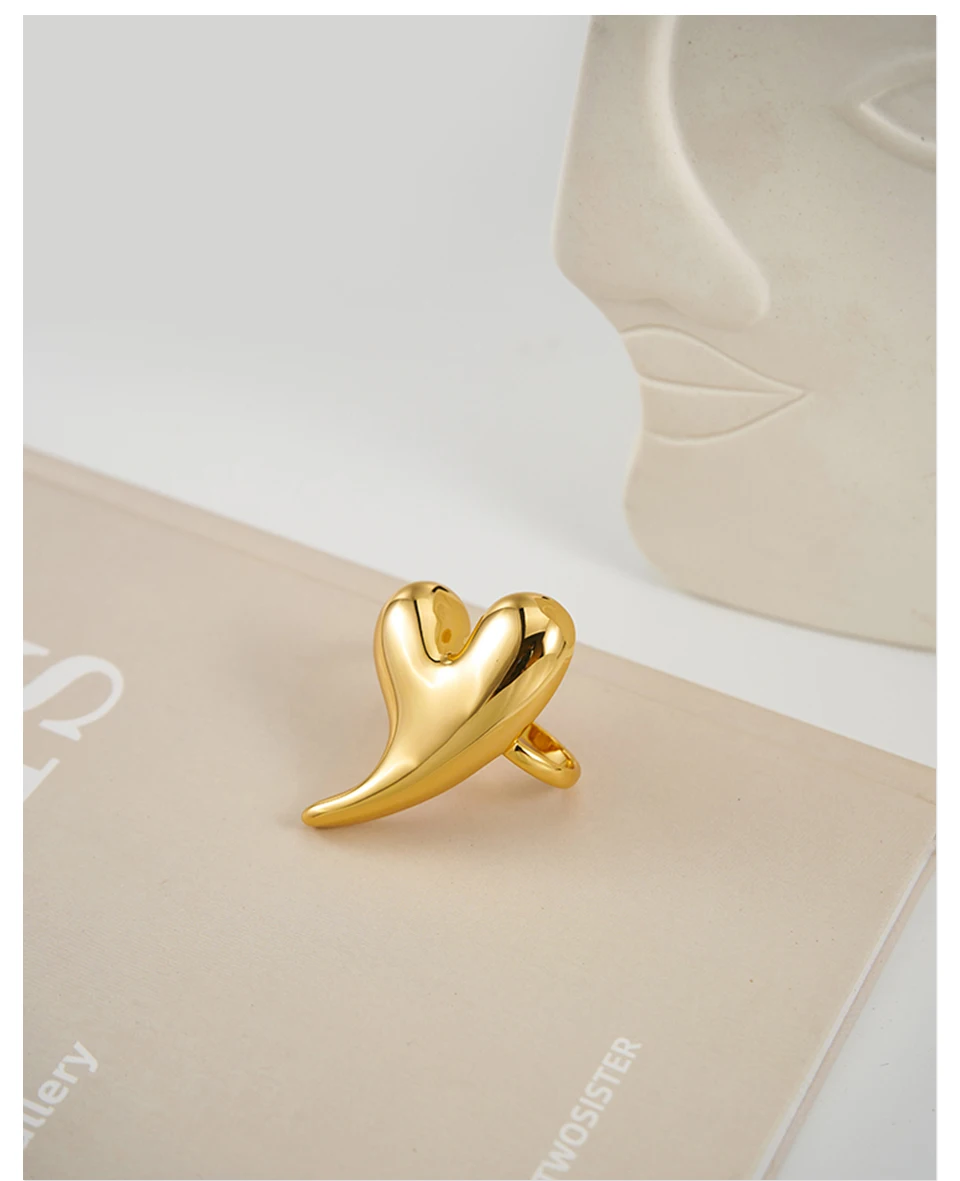 Large Heart Ring For Women Bi Finger Brass Gold Plated Fashion Jewelry Copper Everydaywear Luck Romantic