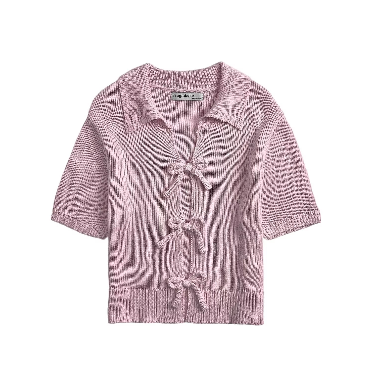 Solid Notched Bow Detail Three-Quarter Sweater