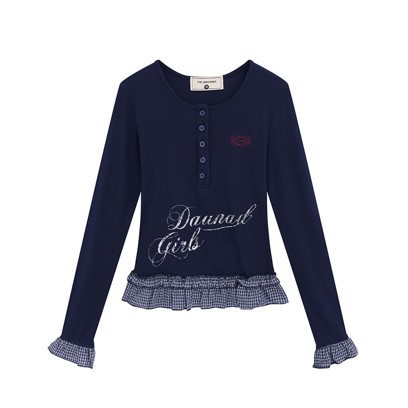 T-Shirt Women Unique Personality Plaid Ruffle Splicing Slim Long Sleeve Base Shirt Top Trendy