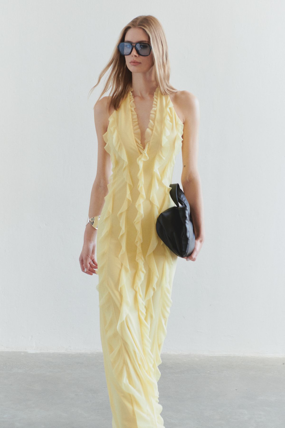 Yellow Solid Color Strapless Sexy Backless Lace High-Grade Dress Long Dress