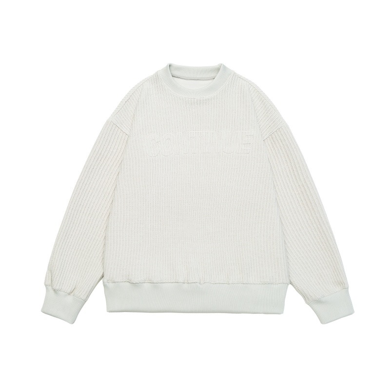 Solid color letter embossed round neck loose knit sweater