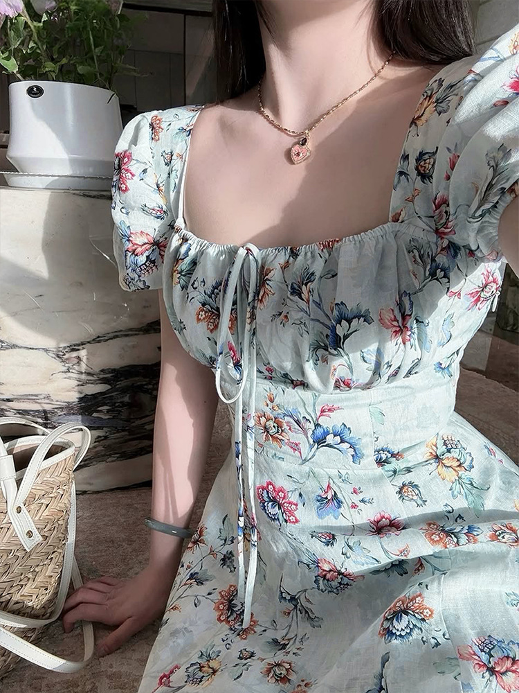 Short Puff Shoulder Botanical Maxi Dress