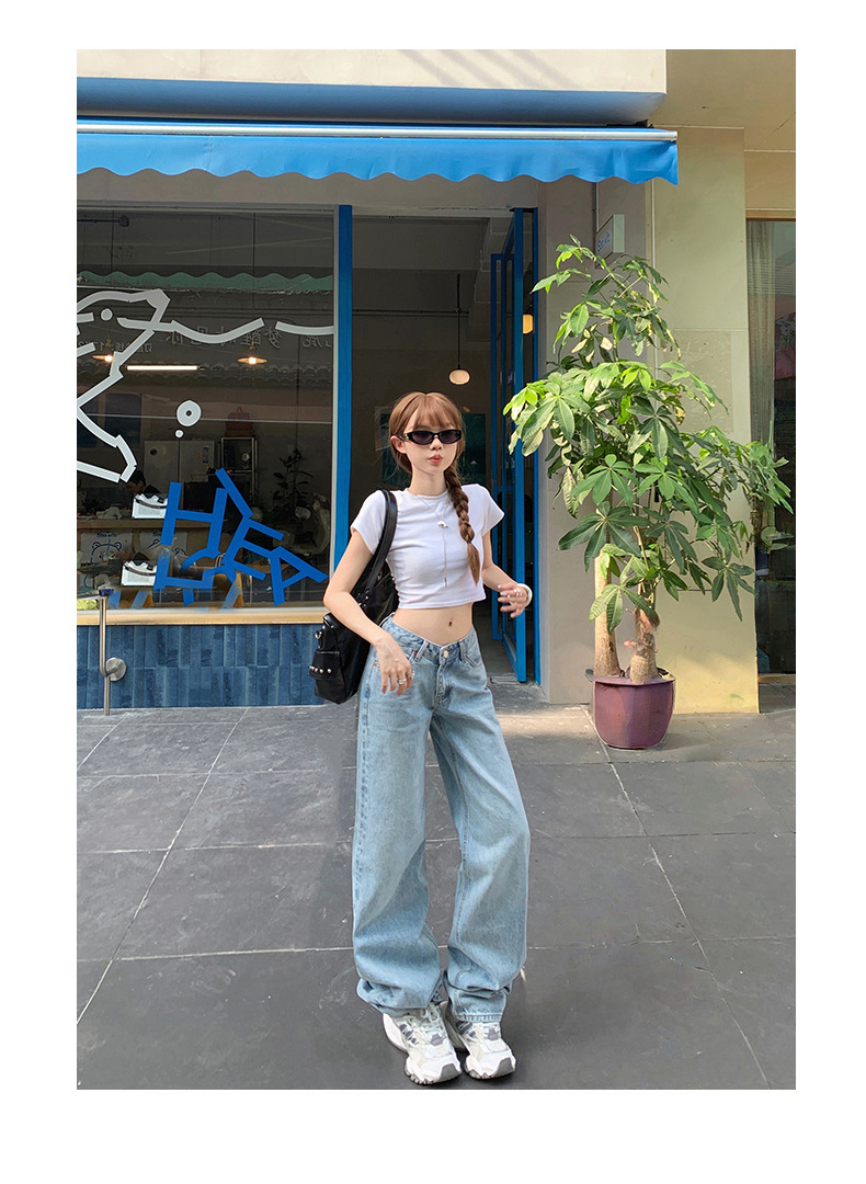 Washed Blue V-neck Waist Straight Leg Jeans Women Loose Slimming High-waisted Versatile Drape Floor-length Pants