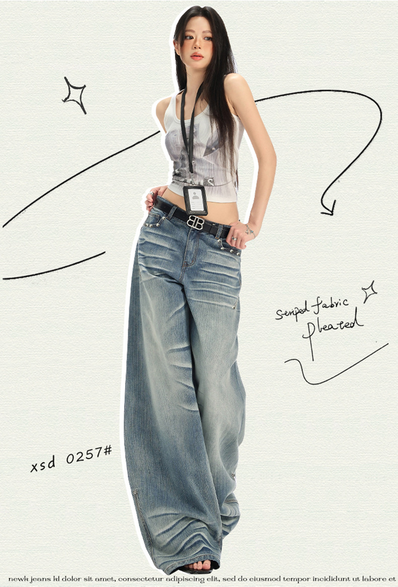 Retro Spicy Girl Washed Pleated Wide-Leg Jeans Women's Cracked Design Loose Drape Floor-Length Pants