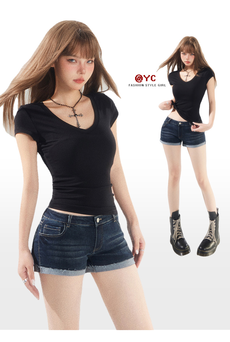 Dark Blue Cuffed Denim Shorts for Women Elastic High Waist Washed Versatile Spicy Girl Sexy Hot Pants