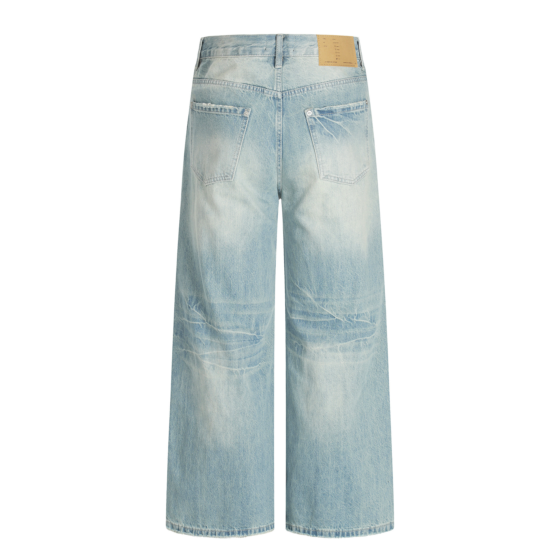 Blue Washed Faded Loose Fit Wide Leg Straight Casual Trousers