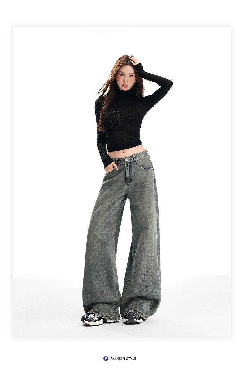Women's Wide-Leg Pants Loose Fit High-Waist Trousers Slimming Multi-Purpose Denim Pants with Vintage Color Washed Effect