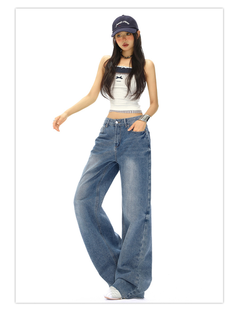 Women's Straight Jeans Washed Vintage Narrow Loose Wide-Leg Pants