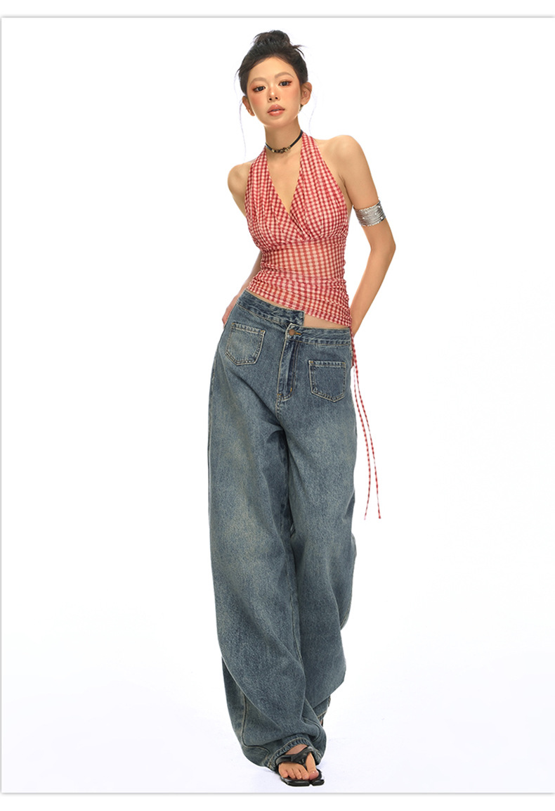 Blue High-Waisted Straight Leg Jeans for Women Loose Wide-Leg Pants Summer