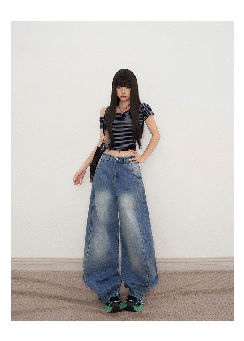 Deconstructed Knife-Edge Denim Pants for Women High-Waisted Wide-Leg Pants