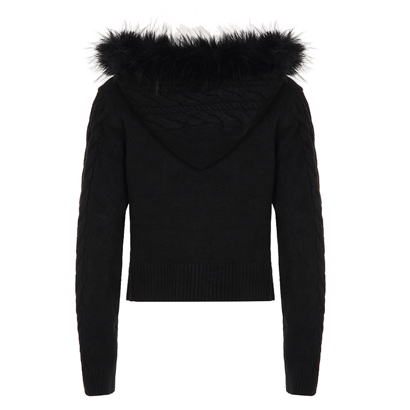 Vintage Herringbone Zip Hood Loose Cardigan